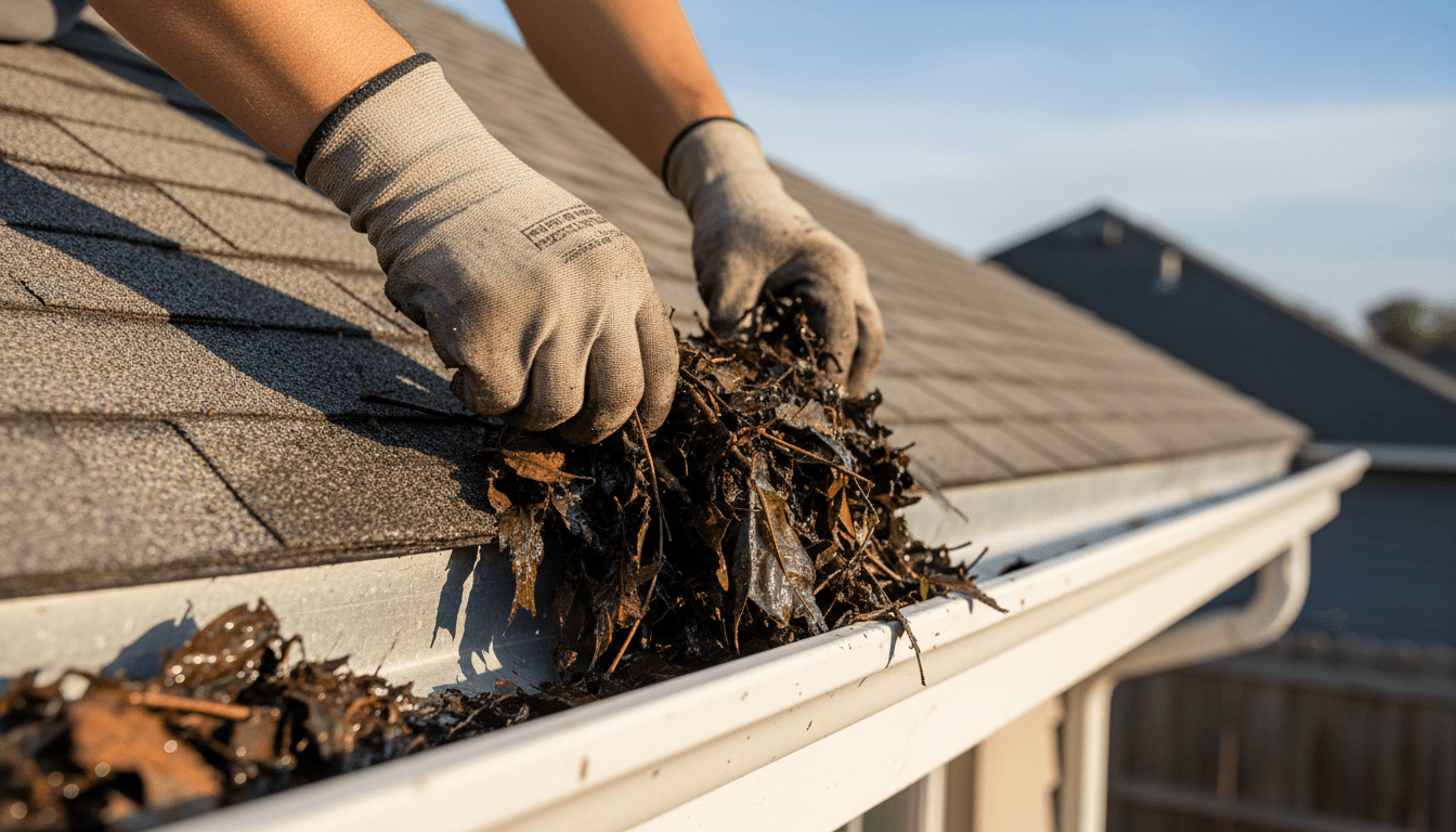 Technician removing wet leaves and debris from residential gutter with gloved hands during daylight maintenance work