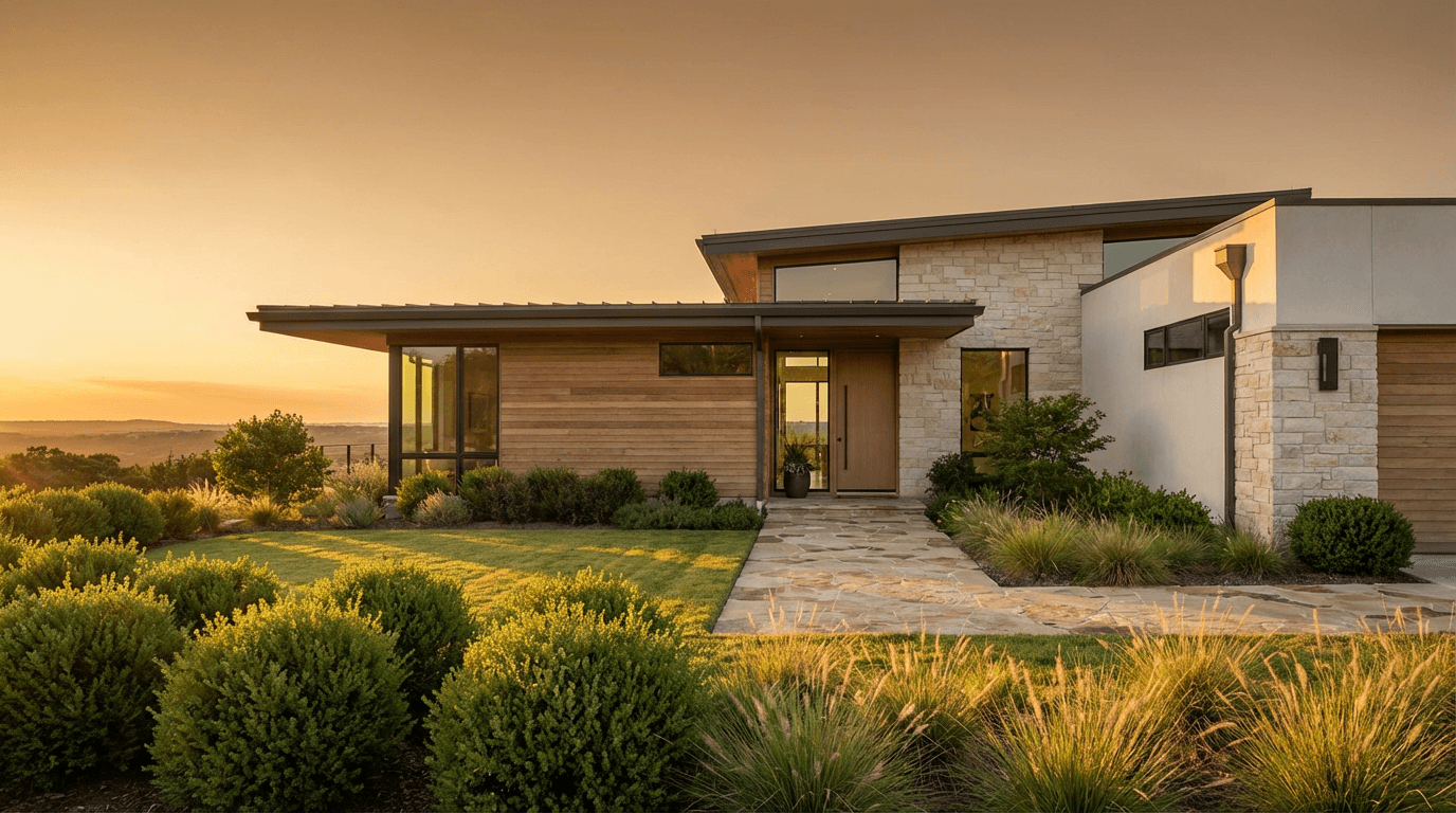 Beautiful residential home exterior during golden hour sunlight with modern architecture and green landscaping.