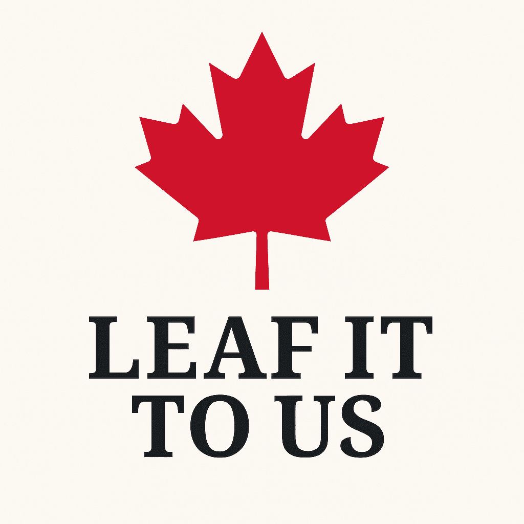 Red maple leaf above bold black text LEAF IT TO US on cream background.